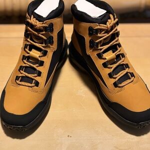 Tan and Black High-Top Hiking Boots with Rubber Soles